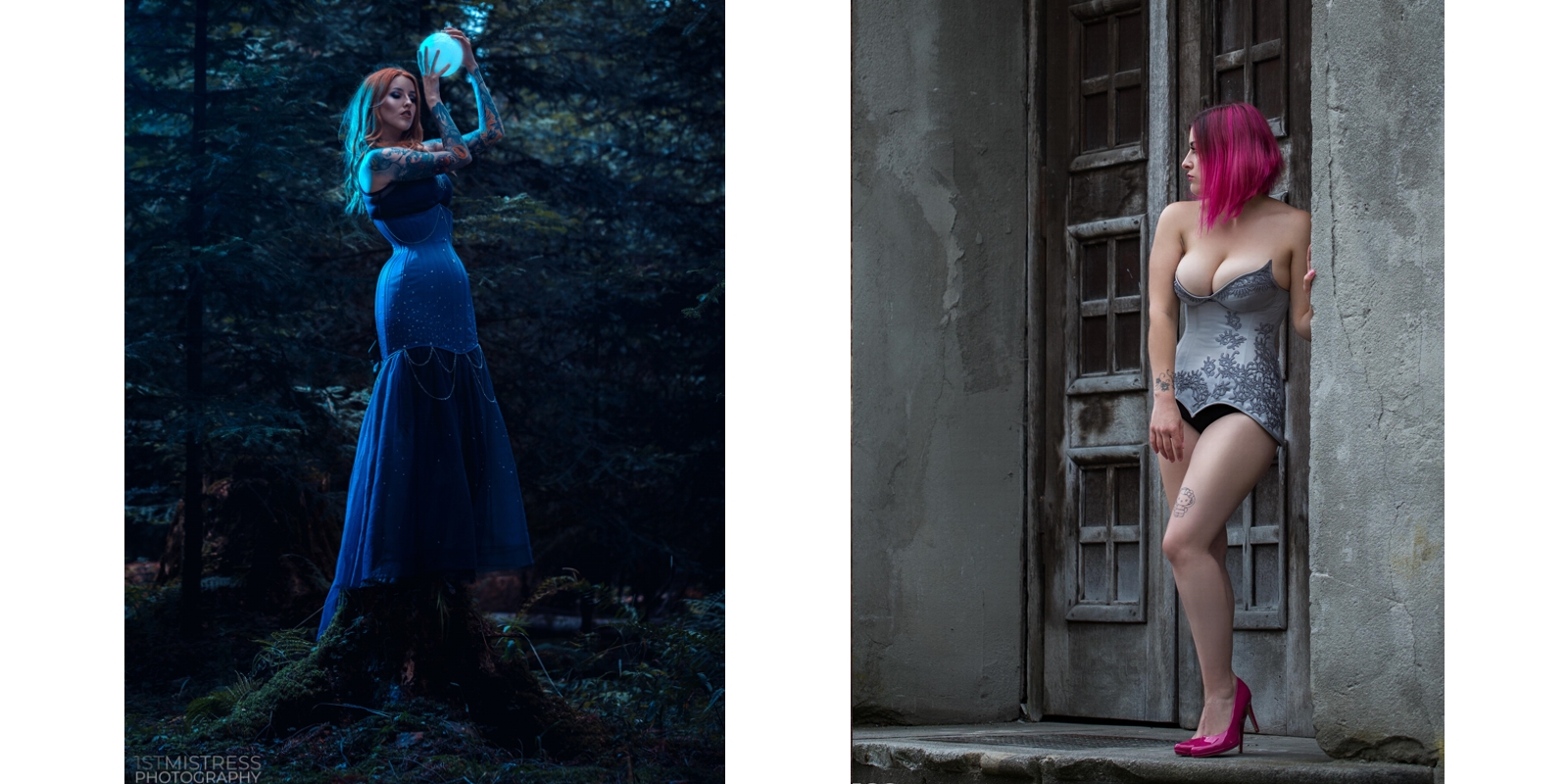 Korsettkleider in blau und grau, mit Steinchen und Stickereien als Verzierungen